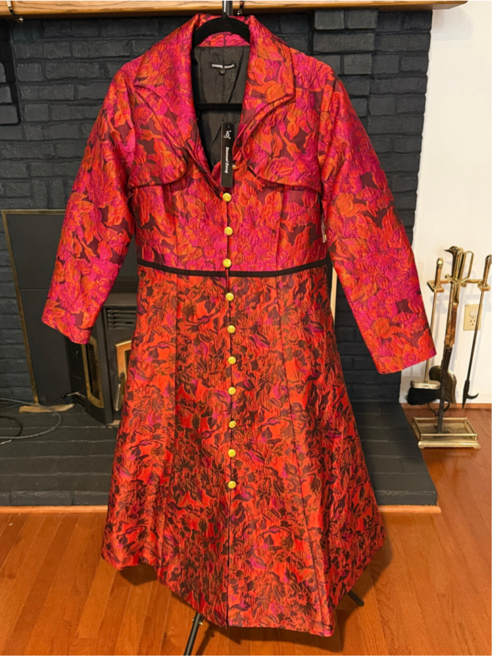 Samuel Dong Red and Orange Floral Brocade Coat, Size M, Boutique